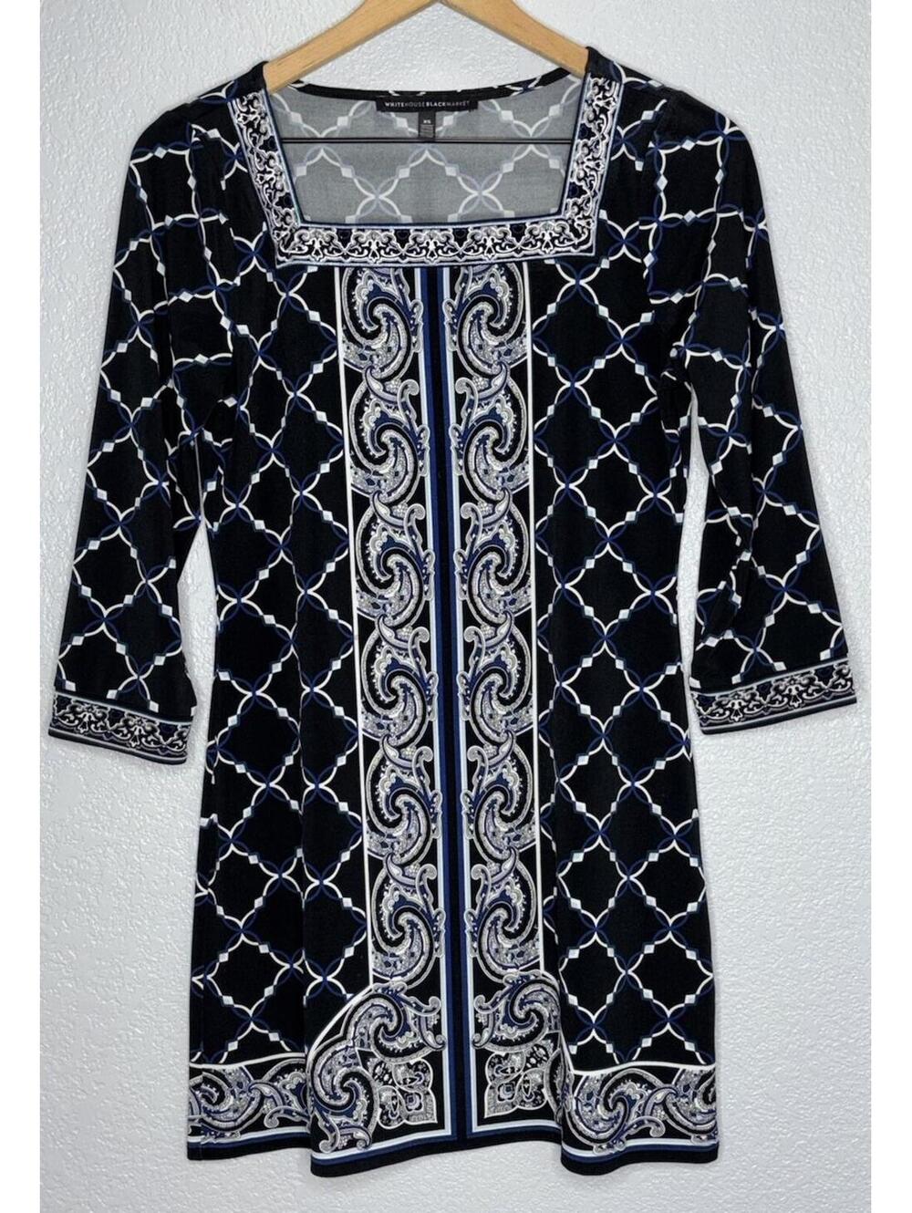 White House Black Market Embroidered Black Blue 3/4 Slvs Tunic Dress XS